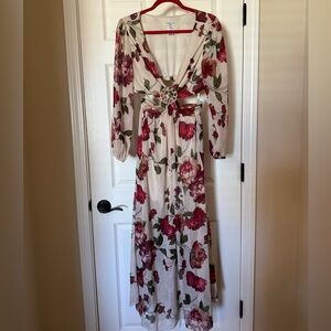 Alexa B Cream Cut Out Maxi Dress with Red Floral Print and Jeweled Waist Accent